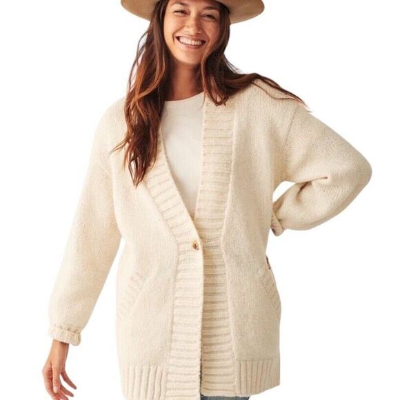 Faherty Stella Long Line Cardigan Women XS Wool Alpaca Cable Knit Ivory Cream - Picture 1 of 16